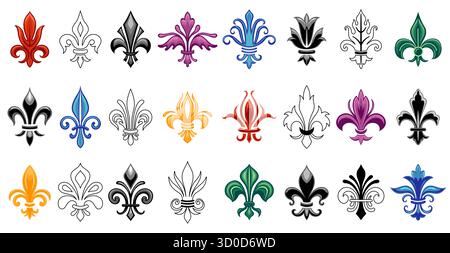 Giglio araldico. Fleur de lis, icone di colore nero e linee, emblema francese antico, stemma decorativo tradizionale fiori per stemma araldico d Illustrazione Vettoriale