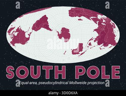 Polo Sud. Mappa del mondo. Proiezione Mollweide pseudocilindrica di pari area, centrata sul Polo Sud. Pallido Mint Dark Pink (Rosa scuro). Texture vintage. Illustrazione Vettoriale