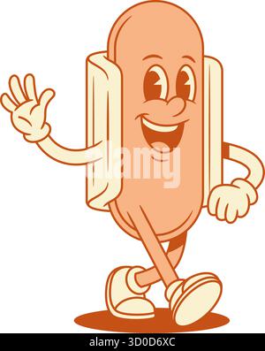 Happy Hot dog personaggio cartoni animati che saluta un'illustrazione piatta vettoriale con contorni alti. Un allegro e sorridente fast food con salsiccia e mascotte di pane che cammina ciao Illustrazione Vettoriale