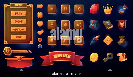 Interfaccia utente del gioco dei cartoni animati. Icone di gioco pulsanti elementi dell'interfaccia utente, banner a nastro e set di pulsanti di navigazione, simboli di ricompensa e menu di gioco. Vettoriale moderno g Illustrazione Vettoriale