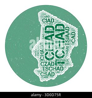 Immagine vettoriale del Ciad. Design del logo rotondo del paese. Poster del Ciad con archi circolari e nuvola di parole. Illustrazione vettoriale VIBRANT. Illustrazione Vettoriale