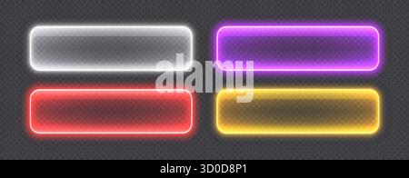 Pulsanti lucidi al neon, striscioni trasparenti in vetro. Illustrazione Vettoriale