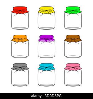 Set di vasetti colorati con copertina in tessuto e illustrazione dei nastri. Ideale per etichette da cucina, confezioni di marmellate fatte in casa, icone di conservazione degli alimenti o progetti artigianali. Illustrazione Vettoriale