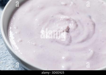Sano yogurt al mirtillo fatto in casa per colazione in una ciotola Foto Stock