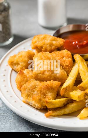 Pepette di pollo impanate e patatine fritte con ketchup Foto Stock