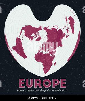 Europa. Mappa del mondo. Proiezione pseudoconica a pari area di Bonne incentrata sull'Europa. Menta pallida e rosa scuro. Texture vintage. Illustrazione Vettoriale