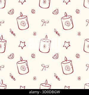 Motivo senza cuciture con candele natalizie e scarabocchi con fiocchi Illustrazione Vettoriale
