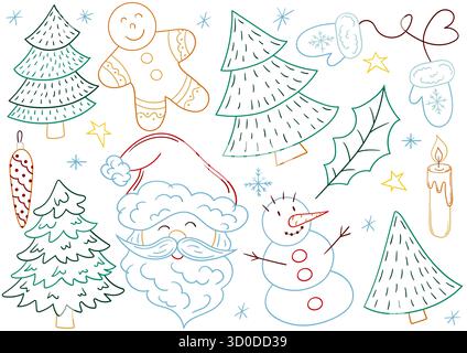 Albero di Natale, pupazzo di neve, pan di zenzero. Serie di illustrazioni disegnate a mano. Disegnato a mano, contorno a colori. Design per colorare libri, cartoline. Spille distintive Illustrazione Vettoriale
