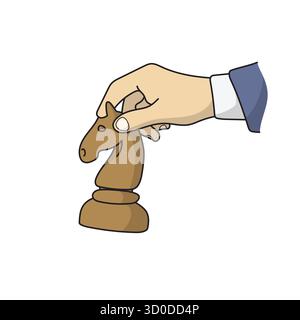 mano ravvicinata di un uomo d'affari che tiene in mano un pezzo da cavaliere degli scacchi vettore illustrato a mano disegnato con linee nere Illustrazione Vettoriale
