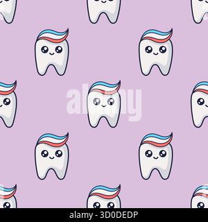 Carino personaggio di Tooth Cartoon con dentifricio sulla parte superiore senza cuciture. Tessuto Happy Tooth per bambini Dental Clinic. Concetto di igiene dentale Illustrazione Vettoriale