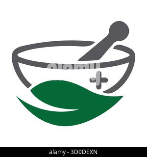 Logo naturale della farmacia: Mortaio & pestello con foglia di erbe e croce medica Illustrazione Vettoriale