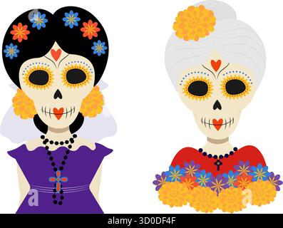 Femmine Sugar Skulls donna giovane e anziana con Marigolds in Hear Day of the Dead carino personaggio. Etichetta adesiva con le carte a tema "giorno della morte" per le illustrazioni vettoriali isolate Illustrazione Vettoriale