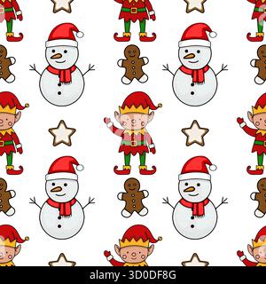 Motivo vettoriale senza cuciture con allegri elfi di Natale, pupazzi di neve sorridenti, biscotti di pan di zenzero e stelle festive su uno sfondo bianco pulito. Illustrazione Vettoriale