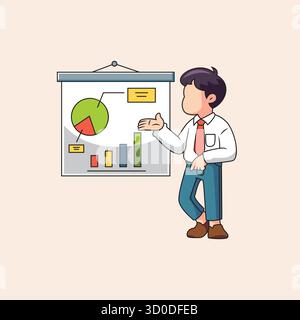 Un uomo d'affari animato presenta con sicurezza un grafico che mostra dati e grafici di tendenza verso l'alto, simboleggiando la crescita aziendale, il successo finanziario e i Illustrazione Vettoriale