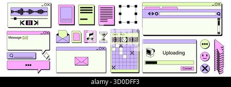 Collezione di adesivi Y2K con elementi di interfaccia computer retrò in colori pastello. Nostalgica estetica digitale anni '90 con finestre classiche, icone e comandi di navigazione per un design della prima era Internet. Illustrazione Vettoriale