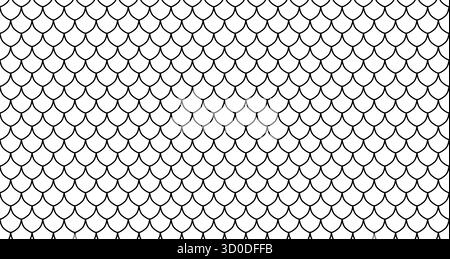 Schema in scala di pesci e draghi. Pelle di serpente senza cuciture. Capesante sirena lineare nera. Illustrazione Vettoriale