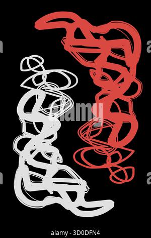 Un sorprendente vettore astratto progettato per poster di arte murale. Presenta forme ad anello rosse e bianche su sfondo nero, che creano movimento dinamico e vista Illustrazione Vettoriale