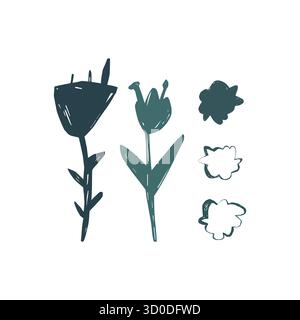 Set floreale scandinavo con fiori selvatici e forme di fiori disegnati a mano illustrazione minimale con vettore botanico Illustrazione Vettoriale