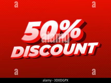 50% di sconto. Tipografia promozionale accattivante con toni vivaci, ombre uniformi e un potente aspetto dimensionale Illustrazione Vettoriale
