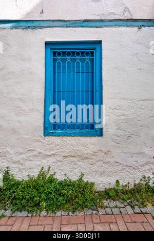 Finestra blu brillante con barre in metallo ornate su una parete in stucco bianco intemprato. Alla base cresce il fogliame verde, che confina con un marciapiede in mattoni rossi e pietra grigia. Dettagli architettonici Foto Stock