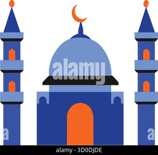 Illustrazione di una moschea blu con minareti e una luna crescente su sfondo bianco Illustrazione Vettoriale