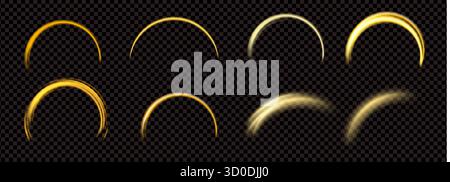 Set di telai ad arco illuminanti. Collezione Golden semicircles. Raggi magici di luce. I bordi delle linee dorate sono più brillanti. Eclissi gialla astratta e comete. Arco vettoriale i Illustrazione Vettoriale