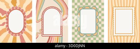 Telai retrò a forma di ellisse ad arco, quadrata e capesante su bg vintage. Arco scanalato ondulato, rettangolare e bordi ovali sullo sfondo delle linee a stella e arcobaleno Illustrazione Vettoriale