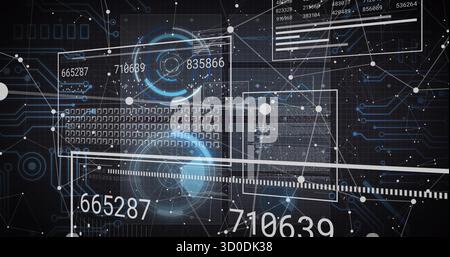 Visualizzazione di pannelli di interfaccia traslucidi che fluttuano nel dashboard, con dati numerici e collegamenti ai nodi Foto Stock