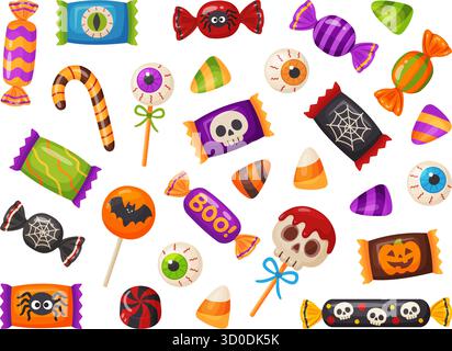 Set di caramelle di Halloween. Dolci natalizi. Stile piatto alla moda disegnato a mano isolato su sfondo trasparente. per adesivi, menu, app, poster, design. Illustrazione vettoriale Illustrazione Vettoriale
