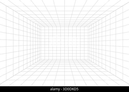 Griglia prospettica della stanza in futuristico stile 3D. Delineare lo sfondo della griglia tecnica hud, proiezione della sala. Modello di griglia a reticolo nella vista prospettica. . Illustrazione vettoriale Illustrazione Vettoriale