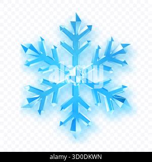 Un complesso fiocco di neve a sei punte con sfaccettature cristalline in sfumature di blu chiaro con ombre morbide su sfondo trasparente. Trasparenza solo in ve Illustrazione Vettoriale