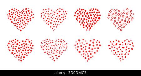 Set di forme di cuore rosse piene di stelle cuori fiori lune, perfetto per romantici disegni vettoriali Illustrazione Vettoriale