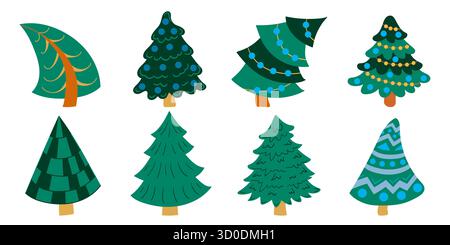 Abeti, alberi di Natale. Serie di illustrazioni piatte. Design per cartoline, volantini, striscioni e decorazioni per interni. Distintivi, cartelli adesivi Illustrazione Vettoriale