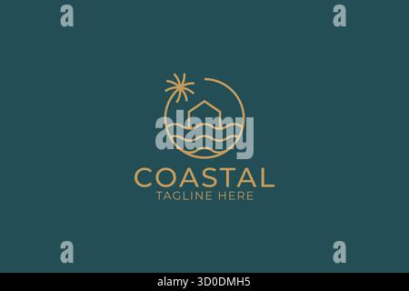 Coastal House Simply Line Logo Badge per Vacation Resort Business Illustrazione Vettoriale