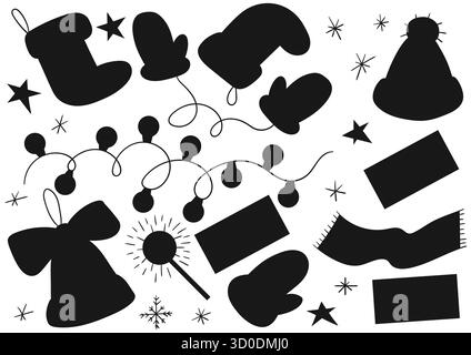 Regali di Natale, abbigliamento invernale. Un set di silhouette disegnate a mano. Progetti per enigmi e attività educative per bambini. Icone, cartelli, adesivi Illustrazione Vettoriale