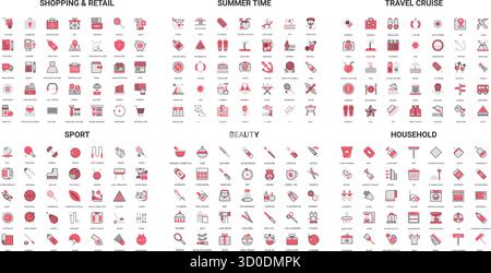 Collezione completa di icone della linea moderna che coprono shopping, estate, viaggi, sport, bellezza, e temi domestici perfetti per il web, le app e la progettazione grafica, illustrazioni vettoriali isolate Illustrazione Vettoriale