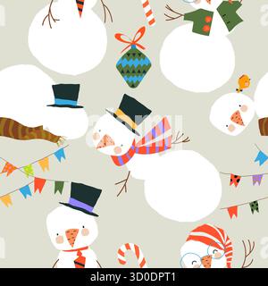 Motivo senza cuciture con simpatici pupazzi di neve Illustrazione Vettoriale