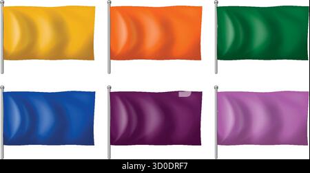 Immagine vettoriale luminosa di sei bandiere a tinta unita con ombreggiature realistiche e bandiere metalliche Illustrazione Vettoriale