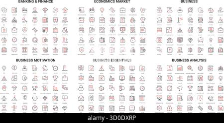 Set completo di icone di linea moderne per aziende, finanza, economia, motivazione, elementi essenziali, e analisi perfette per presentazioni, infografiche e illustrazioni vettoriali isolate per il web design Illustrazione Vettoriale