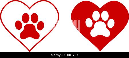 Zampe di cane o gatto a forma di cuore rosso. Impronte di cuccioli o gattini in un design romantico e carino isolato su sfondo bianco. Pittogramma di ambulatorio veterinario o negozio di animali. Illustrazione piatta vettoriale. Illustrazione Vettoriale