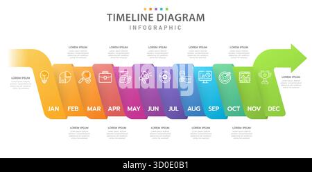 Modello infografico per le aziende. Calendario di 12 mesi con diagrammi della cronologia moderna con argomenti, infografica vettoriale di presentazione. Illustrazione Vettoriale