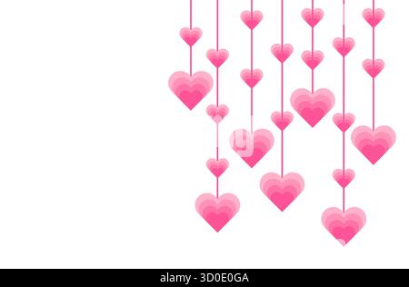 Motivo a forma di cuori rosa appeso su sfondo bianco, perfetto per matrimoni di San Valentino o progetti di design romantici Illustrazione Vettoriale