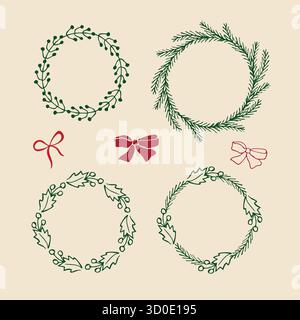 Cornici rotonde di Natale di alberi e frutti di bosco Illustrazione Vettoriale