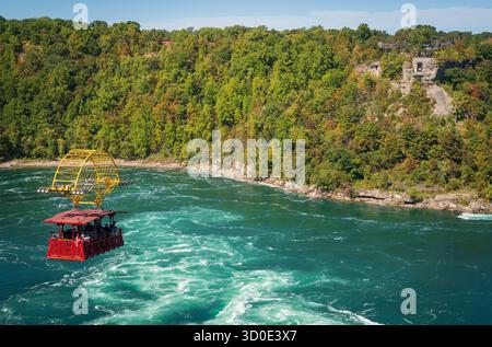 L'auto aerea Whirlpool vola sopra il turchese Niagara Whirlpool, con una rovina di pietra sulla scogliera oltre, a Niagara Falls, Ontario, Canada. Foto Stock