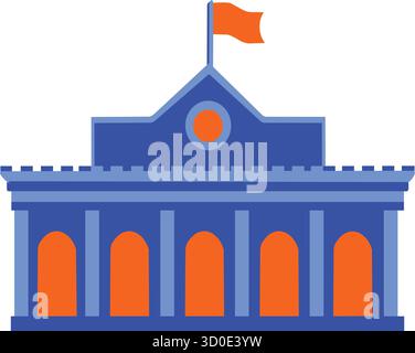 Edificio scolastico con orologio e bandiera, che rappresenta l'istituto di istruzione e apprendimento Illustrazione Vettoriale