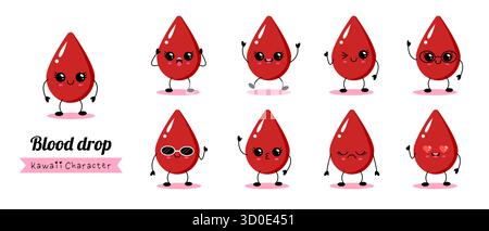 Adorabili personaggi a goccia di sangue rosso con emozioni e pose diverse. Stile vettoriale kawaii per campagne sanitarie, poster medici, adesivi e bambini Illustrazione Vettoriale