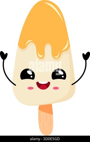 Questa illustrazione kawaii popsicle presenta un carattere gioioso con una parte superiore arancione brillante e un volto sorridente, ideale per i design a tema estivo e per i bambini Illustrazione Vettoriale