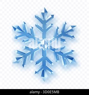 Un complesso fiocco di neve a sei punte con sfaccettature cristalline in sfumature di blu con ombre morbide su sfondo trasparente. Trasparenza solo nel vettore f Illustrazione Vettoriale