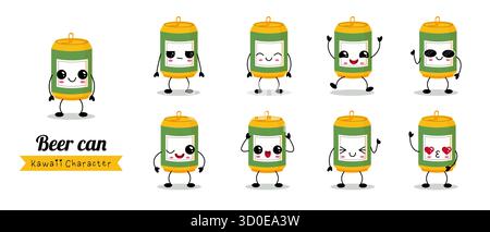 Questo set di personaggi in lattina di birra kawaii presenta una varietà di espressioni giocose e colori vivaci, perfetto per aggiungere un tocco divertente ai disegni e alle illustrazioni Illustrazione Vettoriale