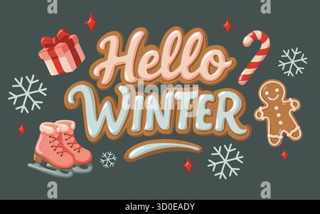 Saluto invernale con pattini, bastone da zucchero e confezione regalo. Poster invernale. Illustrazione isolata del vettore disegnata a mano. Illustrazione Vettoriale